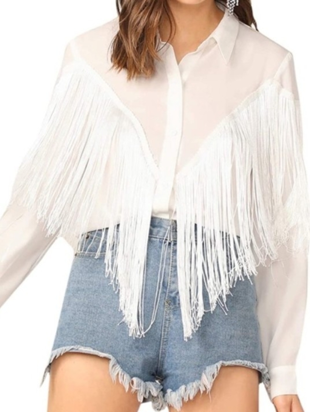 White Fringe Western Button-Front Blouse